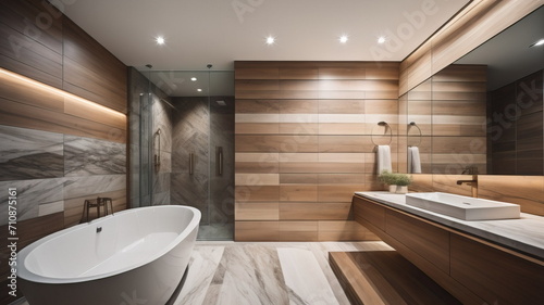  Interior design of modern bathroom with wooden and marble stone paneling wall 