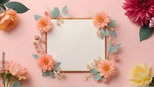 flat lay white postcard with flowers surrounded by on  a pink background, ribbon laying aside, template for congratulations on March 8, Valentine's day, women's Day or birthday Generative AI, card