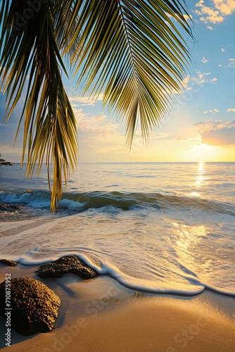Sunny exotic beach by the ocean with palm trees at sunset summer vacation Generate AI