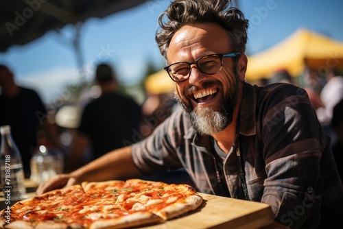 Friends enjoy pizzas at colorful gastronomic festival., generative IA