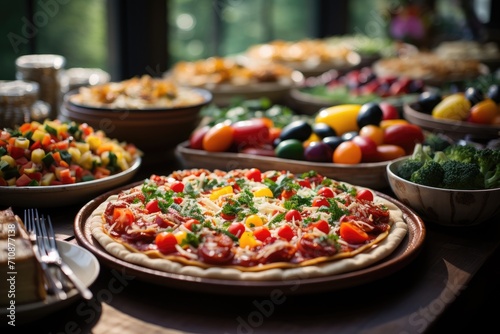 Festive table full of pizzas, prominent children's fun., generative IA