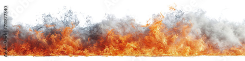 Fire flames and black smoke burning isolated on white transparent, wide panorama, PNG