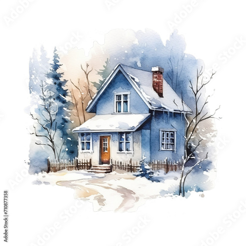 Winterwaldhütte Aquarell Gemütliches Schneehaus Malerei Winterliche Landschaftsbild Naturverbundene Wandkunst Idyllische Frostdeko