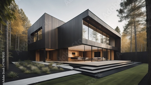Modern minimalist private black house decorated with wood cladding © Marko