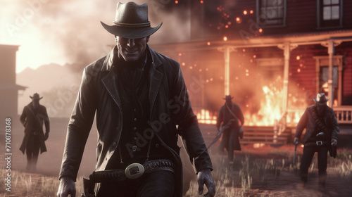 A cut-scene of a old west video game with the villain burning down a house photo