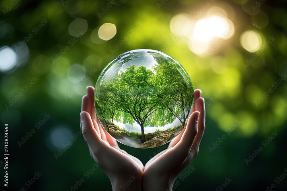 Glass globe ball with green tree in the hands