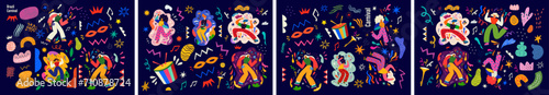 Carnival party cards collection. Design for Brazil Carnival. Decorative illustration with dancing people. Music festival illustrations photo