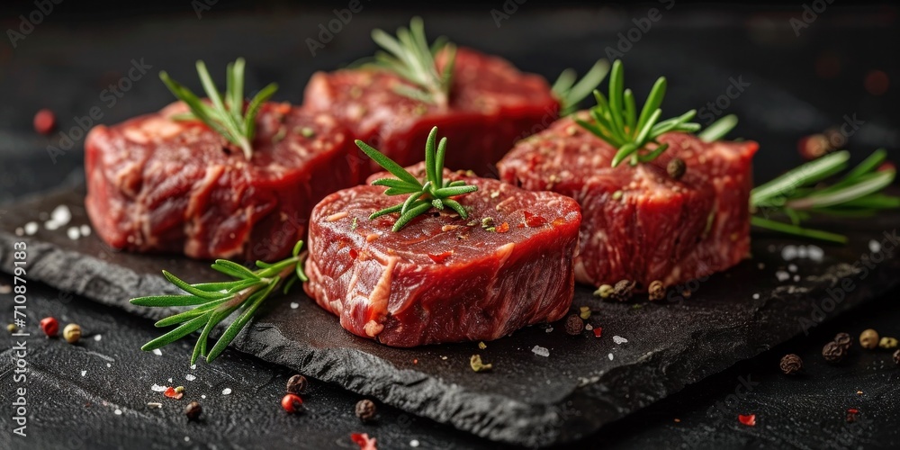 Fresh beef fillet: Raw and marbled, ready for cooking, seasoned with rosemary, salt, and pepper on a wooden board.