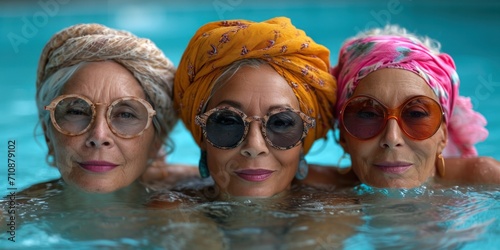 Active seniors: Smiling retired individuals in a swimming pool, enjoying group fitness and aquatic wellness.