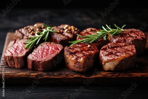 Grilled perfection: A juicy, medium-cooked steak with rosemary on a rustic wooden board, showcasing gourmet cuisine.