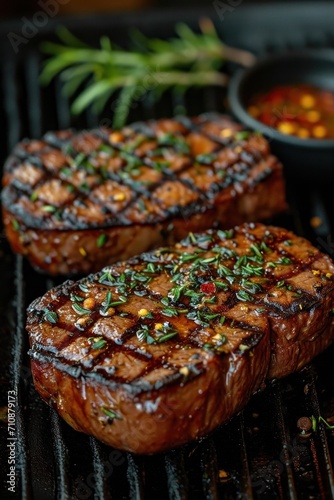 Grilled delight: A succulent beef steak with rosemary, expertly cooked and served on a wooden board.