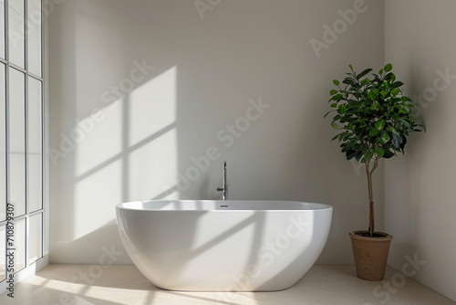 A minimalist bathroom featuring a sleek white freestanding bathtub and a potted green plant  with shadows cast from window light.