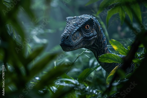 A prehistoric velociraptor peering through a dense  misty jungle  its scales and eyes rendered with lifelike detail.