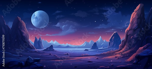 Tranquil alien planet landscape with a glowing moon and starlit sky. Perfect for space-themed gaming and celestial exploration backgrounds. © Maxim