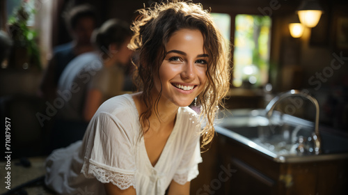 Young brunette girl smiling in the kitchen.