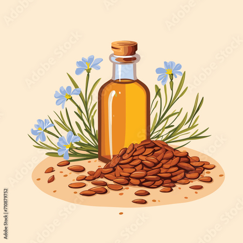 Linen. Flax seeds. Flowers of flax. Linseed oil. Vector illustration Super food