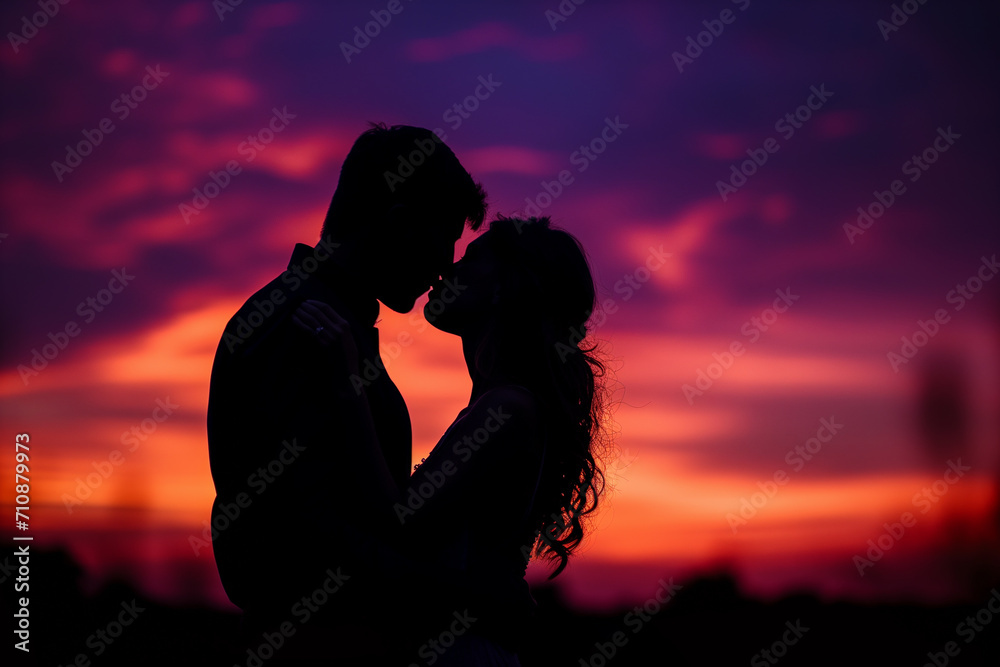 Silhouette of a Romantic Couple Embracing Under a Vivid Sunset Sky, Symbolizing Love and Affection