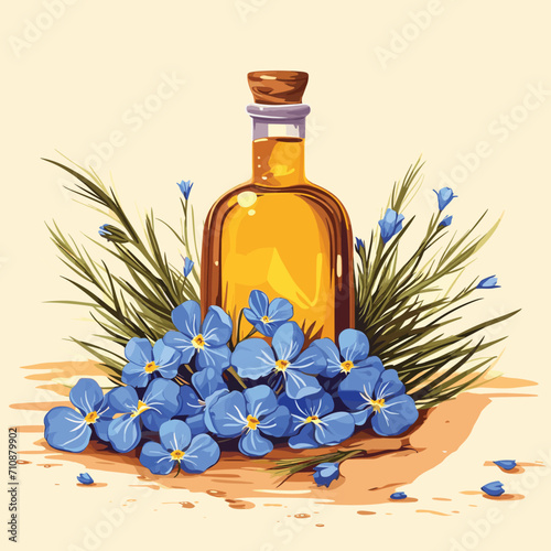 Linen. Flax seeds. Flowers of flax. Linseed oil. Vector illustration Super food