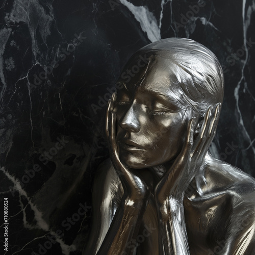 Calming Rhythms - A close-up of the silver-coated woman against a marble backdrop  seeking the flow of life