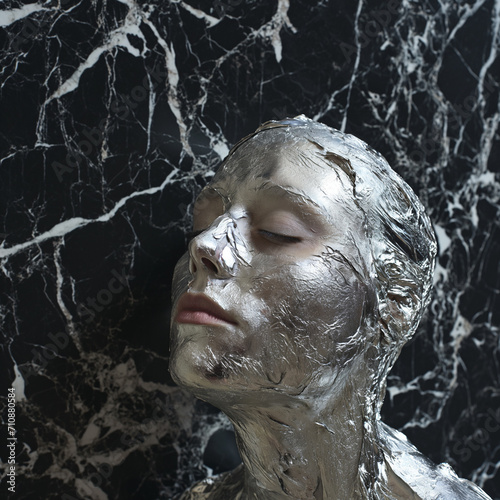 Calming Rhythms - A close-up of the silver-coated woman against a marble backdrop, seeking the flow of life © Erich