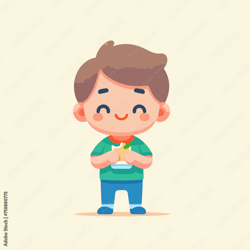 Vector cute guy character standing and carrying food. Simple flat design