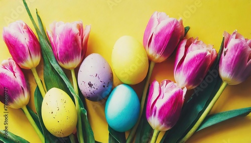  Stylish background with colorful easter eggs isolated on yellow background with pink tulip flowers. Flat lay, top view