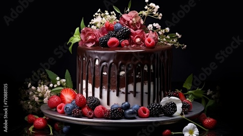 A decadent chocolate cake  adorned with glossy ganache and intricate piping details  topped with fresh berries and edible flowers - Generative AI