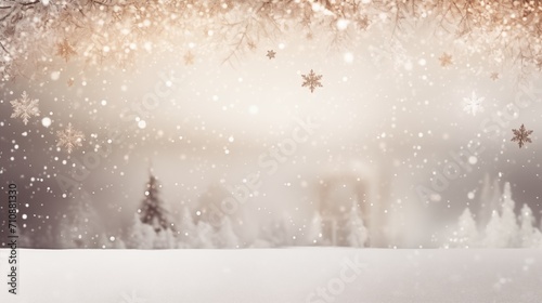 Christmas background. Delicate snowflakes fall gracefully against a warm, glowing winter backdrop with a soft-focus forest silhouette © mikeosphoto