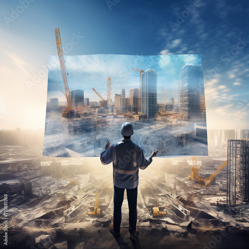 Construction engineer holding plan in double exposure above blue city and construction site 