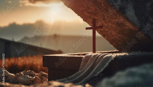  Tomb Empty With Shroud And Crucifixion At Sunrise - Resurrection Of Jesus Christ 
