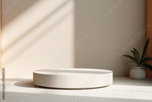 A tranquil round podium in a soft beige, bathed in natural sunlight casting geometric shadows