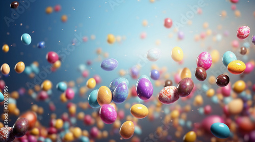 cute colorful easter eggs falling down like rain from sky. wallpaper background texture for ads, cards, banners, 