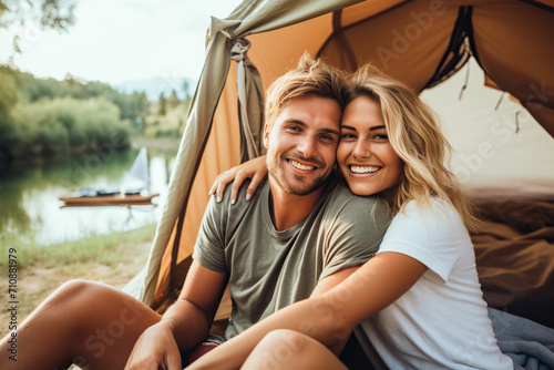 Happy couple sitting in camping tent