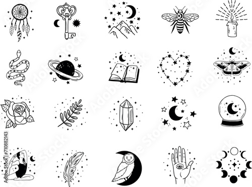 Mystical icons, hand drawn icons, vector icons, celestial, magic, spiritual icons, magical symbols, Moon and stars (ID: 710882143)