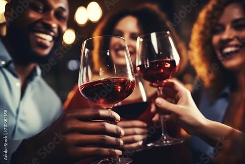 Young friends drinking alcohol and toasting glass of wine in restaurant