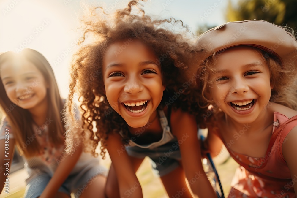Fototapeta premium Group of happy childs having fun in the park