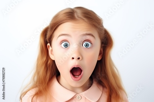 Portrait of young shocked scared child on white background photo