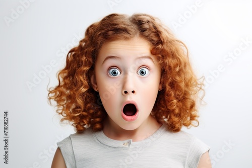 Portrait of young shocked scared child on white background photo