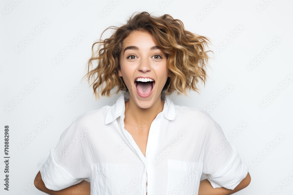Portrait of young excited woman on white background Portrait of young excited woman on white background