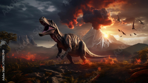 Dinosaur in prehistorical environment with volcanos and clouds 
