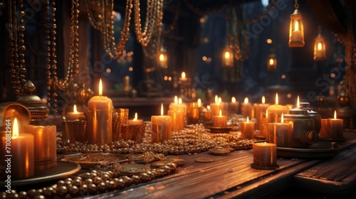 Shot of a kinara with burning candles on a wooden UHD wallpaper photo