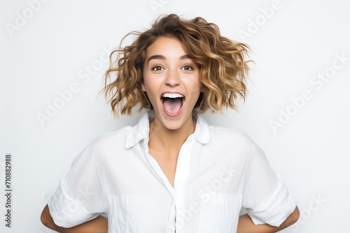 Portrait of young excited woman on white background photo