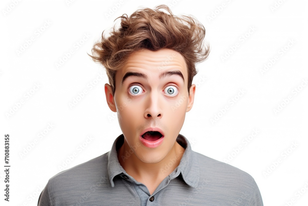 Portrait of young shocked scared man on white background