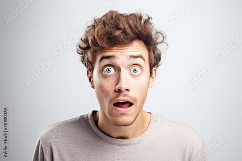 Portrait of young shocked scared man on white background © Alina