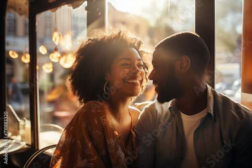 Happy black couple sitting together in a cafe, happy people in love photo