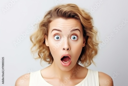 Portrait of young surprised woman on white background