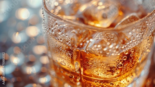 A close-up shot of a crystal-clear glass filled with premium brandy on the rocks  showcasing the rich amber color and condensation on the glass.  Premium brandy on the rocks 