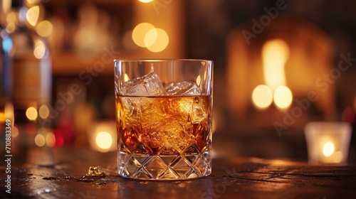 Brandy poured over ice cubes in a classic tumbler glass, surrounded by a cozy setting with dim lighting and a touch of vintage elegance. [Cozy vintage setting brandy on the rocks] © Julia