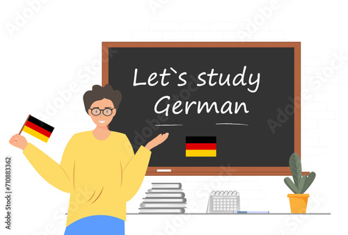 Banner with Let`s study German phrase written on the chalkboard, Person holding German flag in the hands, education concept, German language courses concept, vector illustration