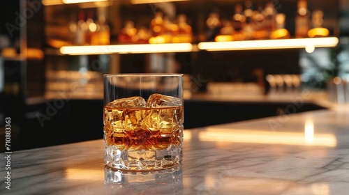 Branding on the rocks presented on a sleek and modern bar counter  with the focus on the glassware and the clarity of the drink.  Sleek modern bar setup brandy on the rocks 